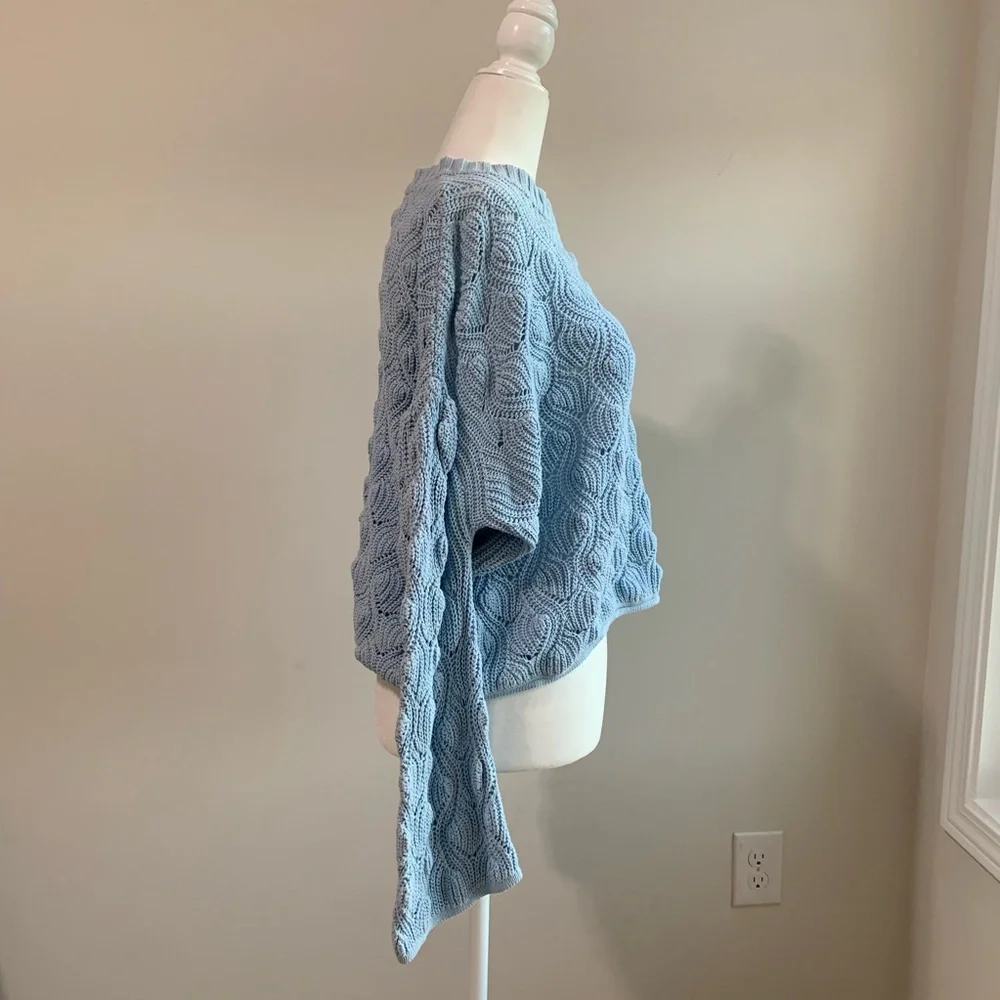 BN2 Alya Baby Blue Cable Knit Crochet Sweater‎ Puffed Slouchy Sleeve Large